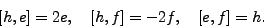 \begin{displaymath}[h,e]=2e,\quad [h,f]=-2f, \quad [e,f]=h.\end{displaymath}