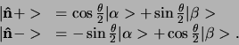 \begin{displaymath}
\begin{array}{ll}
\vert {\bf\hat n} + > & =
\cos { \thet...
...> +
\cos { \theta \over 2 } \vert \beta > . \\
\end{array}
\end{displaymath}