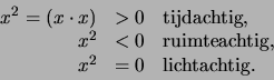 \begin{displaymath}
\begin{array}{rll}
x^2 = (x \cdot x ) & > 0 & {\rm tijdach...
...achtig,} \\
x^2 & = 0 & {\rm lichtachtig.} \\
\end{array}
\end{displaymath}