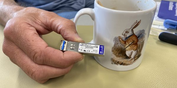 coffee cup with a rabbit on it and a hand holding a small electronic device