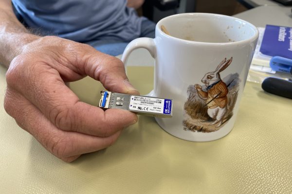 coffee cup with a rabbit on it and a hand holding a small electronic device
