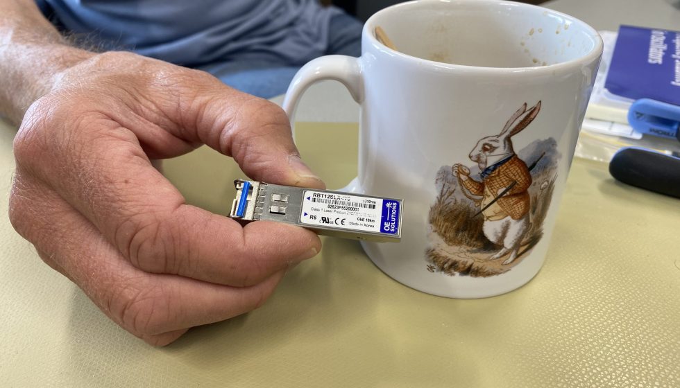 coffee cup with a rabbit on it and a hand holding a small electronic device