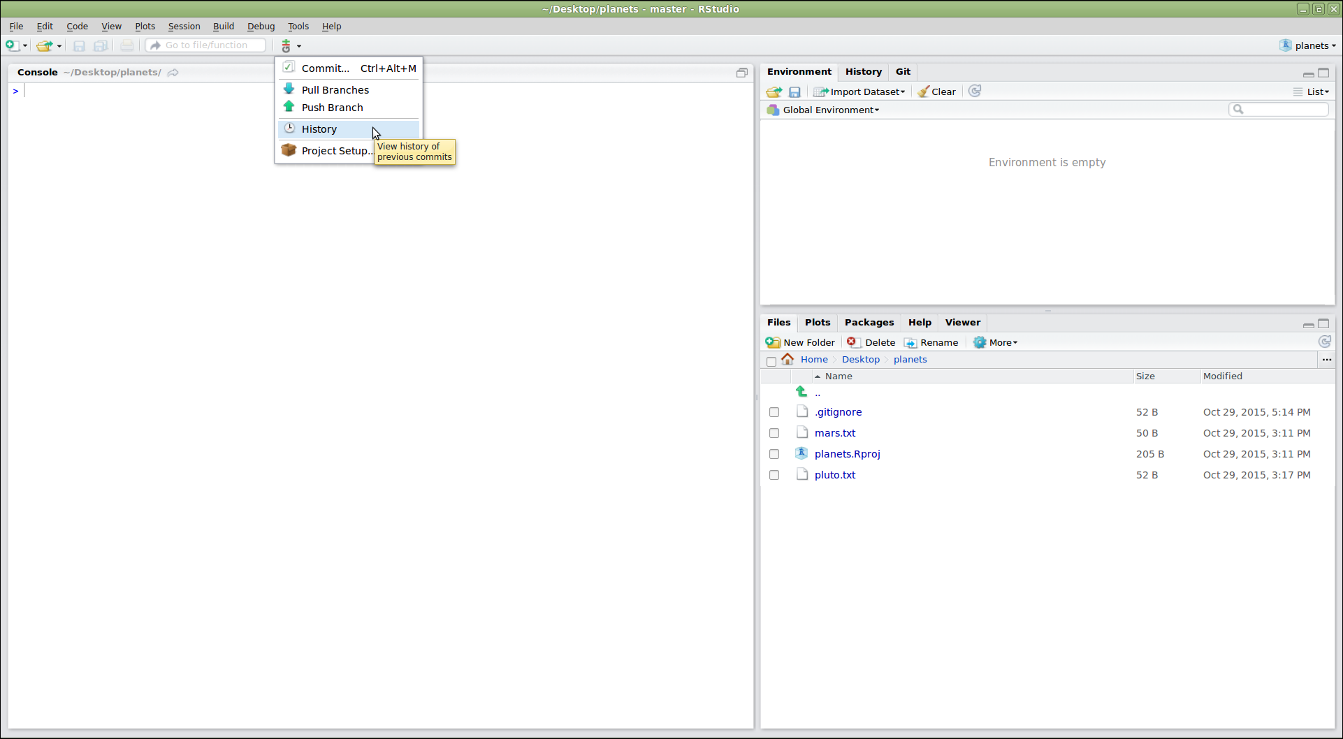 RStudio screenshot showing the git menu dropdown with "History" selected