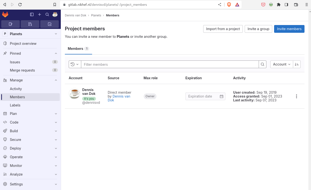 screenshot of repository page with Manage then Members selected, showing how to add Collaborators in a GitLab project