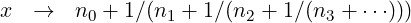 x  →   n0 + 1∕(n1 + 1∕(n2 + 1∕(n3 + ⋅⋅⋅)))
