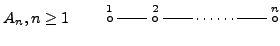 $A_n, n\geq 1\qquad
\stackrel{1}{\circ} {\rm\rule[0.03in]{0.25in}{.005in}} \sta...
...in}{.005in}}\cdots\cdots
{\rm\rule[0.03in]{0.25in}{.005in}} \stackrel{n}{\circ}$