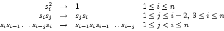 \begin{displaymath}
\begin{array}{rcll}
s_i^2 & \rightarrow & 1 & 1\leq i\leq n\...
... s_{i-1}s_is_{i-1}\ldots s_{i-j} &
1\leq j< i\leq n
\end{array}\end{displaymath}