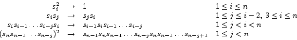 \begin{displaymath}
\begin{array}{rcll}
s_i^2 & \rightarrow & 1 & 1\leq i\leq n\...
...ldots s_{n-j}s_ns_{n-1}\ldots s_{n-j+1} & 1\leq j<n
\end{array}\end{displaymath}