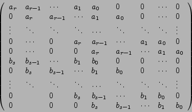 \begin{displaymath}\left(
\begin{array}{lllllllll}
a_{r} & a_{r-1} & \cdots & a...
... & b_{s} & b_{s-1} & \cdots & b_{1} & b_{0}
\end{array}\right) \end{displaymath}