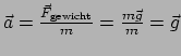 $ \vec a = {\vec F_{\rm gewicht} \over m} = {m\vec g \over m} = \vec g$