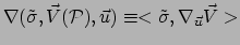 $ \nabla (\tilde{\sigma} , \vec V( \mathcal{P}), \vec u ) \equiv
< \tilde{\sigma} , \nabla_{\vec u} \vec V >$