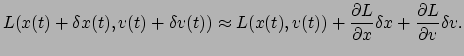 $\displaystyle L(x(t)+\delta x(t),v(t)+\delta v(t)) \approx L(x(t),v(t))+ \frac{\partial L}
 {\partial x}\delta x + \frac{\partial L}{\partial v}\delta v.$