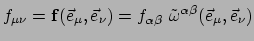 $\displaystyle f_{\mu \nu} = {\bf f} (\vec e_\mu , \vec e_\nu )
 = f_{\alpha \beta} ~ \tilde{\omega}^{\alpha \beta} (\vec e_\mu , \vec e_\nu )$