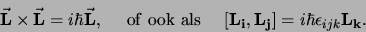 \begin{displaymath}
{\bf\vec L \times \vec L} = i\hbar{\bf\vec L},
    {\rm of...
... als}    
[{\bf L_i,L_j}] = i\hbar \epsilon_{ijk} {\bf L_k}.
\end{displaymath}