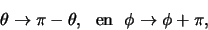 \begin{displaymath}
\theta \rightarrow \pi - \theta,  {\rm en}   \phi \rightarrow \phi + \pi,
\end{displaymath}