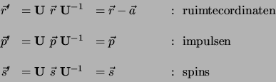 \begin{displaymath}
\begin{array}{rlll}
\vec r^\prime & = {\bf U} \vec r {\b...
...\bf U}^{-1} & = \vec s &
     : {\rm spins} \\
\end{array}
\end{displaymath}