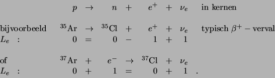 \begin{displaymath}
\begin{array}{lrlrlrlrl}
& p & \rightarrow & n & + & e^+ &...
...\
L_e  :  & 0 & + & 1 & = & 0 & + & 1 & . \\
\end{array}
\end{displaymath}