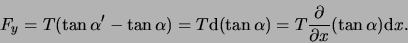 \begin{displaymath}
F_y = T( \tan{\alpha^\prime} - \tan{\alpha} ) = T{\rm d}(\t...
...a})
= T{\partial \over \partial x} (\tan{ \alpha }){\rm d}x.
\end{displaymath}